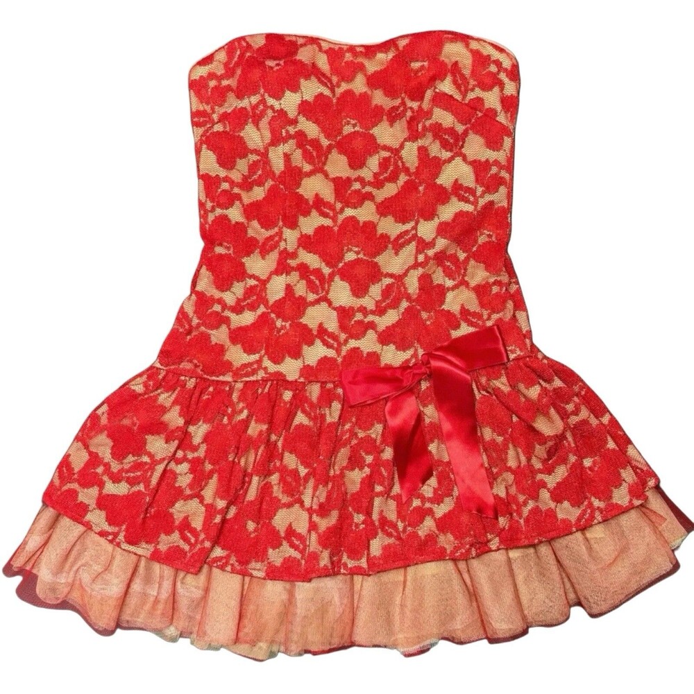Strapless Dress Size 3 Party Dress Red Floral Lace Tulle Bow Blondie Nites Y2K